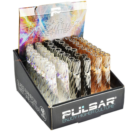 Pulsar Rainbow Twist Glass One Hitters display box with 48 assorted color pipes