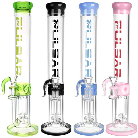 Pulsar Recycler Tube Water Pipes in various colors, 15-inch height, 14mm male slide, front view