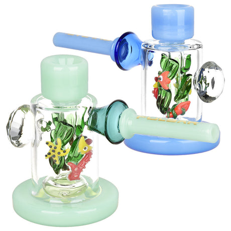 Pulsar Reef-er Madness Bubblers with marine life motifs, clear and black borosilicate glass, front and side views