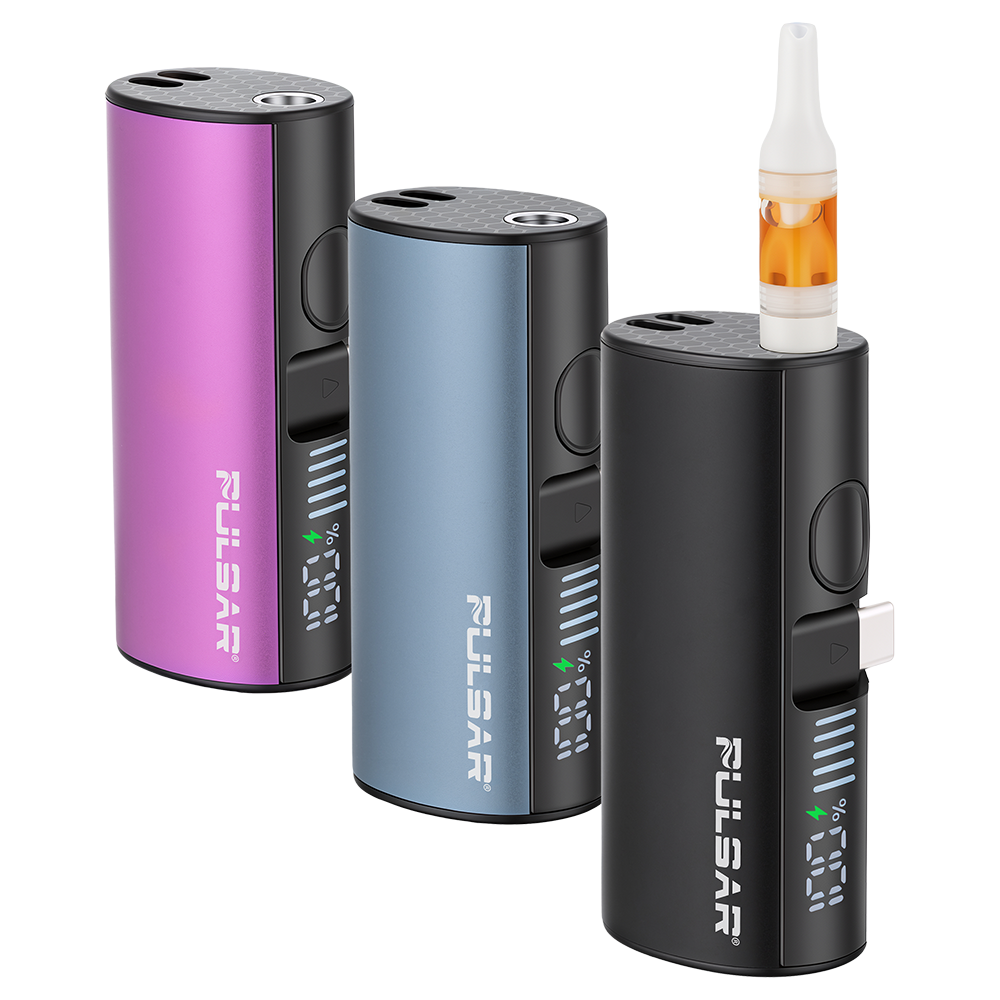 Pulsar Relay 510 vape battery in blue, a 5000mAh power bank and cartridge battery with USB-C charging