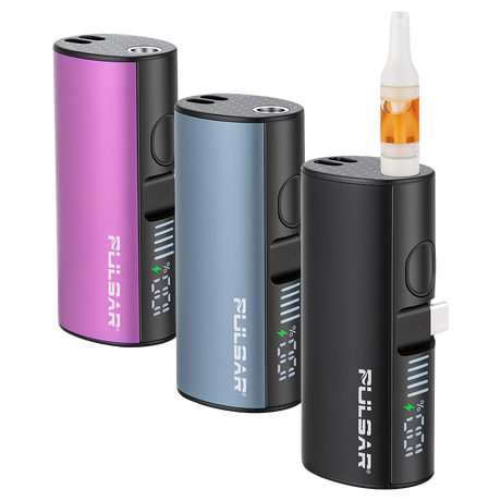 Pulsar Relay 510 vape battery in blue, a 5000mAh power bank and cartridge battery with USB-C charging