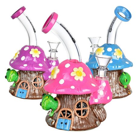 Pulsar Ribbit Residence Water Pipes with colorful mushroom designs, 14mm female joint, front view