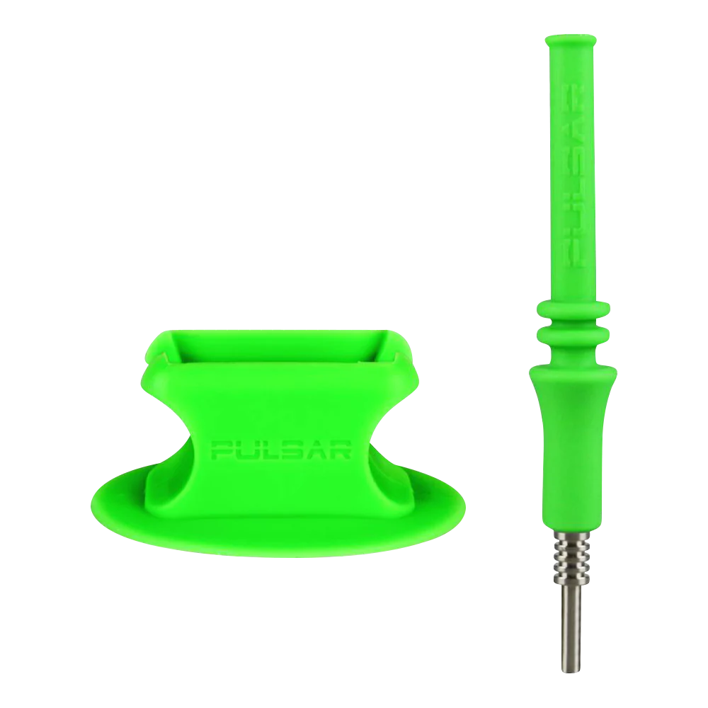 Pulsar RIP Green Silicone Vapor Straw with Titanium Tip and Stand, Angled View