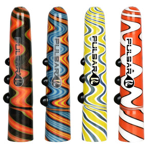 Pulsar River Flow Wigwag Glass Taster Bats in various swirl designs for dry herbs, front view