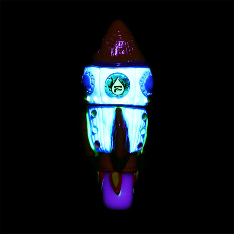 Pulsar Rocketship Hand Pipe in Borosilicate Glass Glowing in Dark, Front View