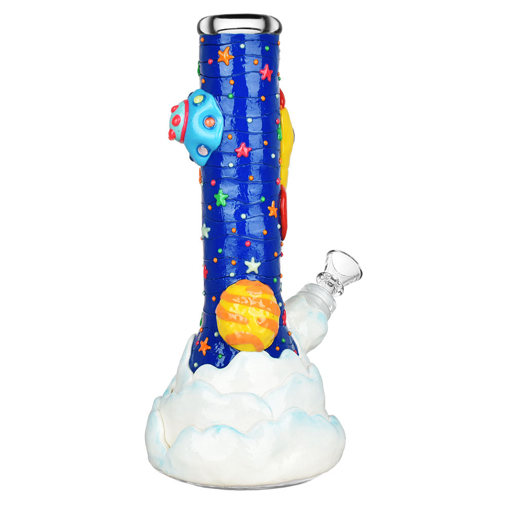 Pulsar Rocketship Space Beaker Bong with UV Reactive Design, Front View on White Background