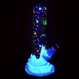 Pulsar Rocketship Beaker Bong glowing in dark with UV reactive stars and moon design, 10" height