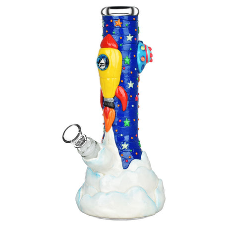 Pulsar Rocketship Beaker Bong with vibrant space design, glow in the dark, UV reactive, side view