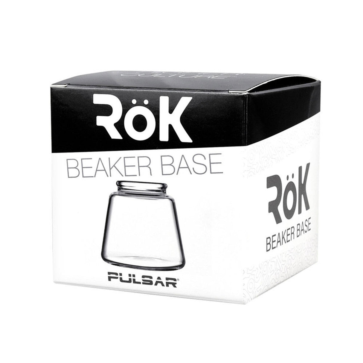 Pulsar Rök Beaker Base packaging, high-quality borosilicate glass, front view on white background