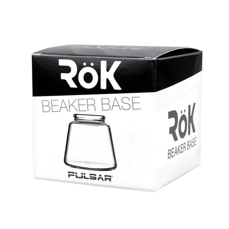 Pulsar Rök Beaker Base packaging, high-quality borosilicate glass, front view on white background