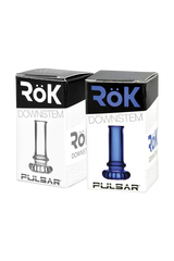 Pulsar RoK Disc Perc Replacement Downstems in clear and blue borosilicate glass, front view with packaging