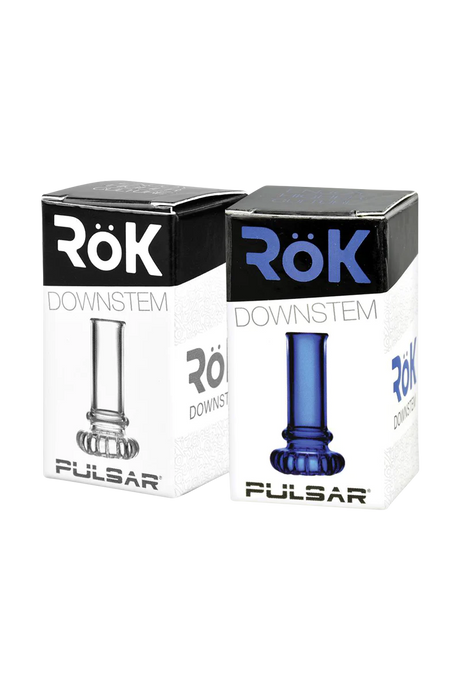 Pulsar RoK Disc Perc Replacement Downstems in clear and blue borosilicate glass, front view with packaging
