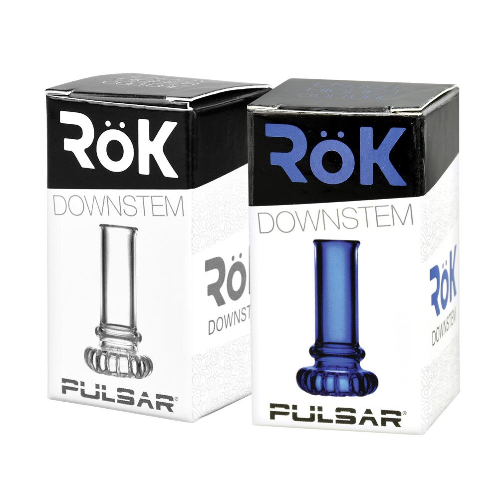Pulsar RoK Disc Perc Replacement Downstems in clear and blue borosilicate glass, packaged side view
