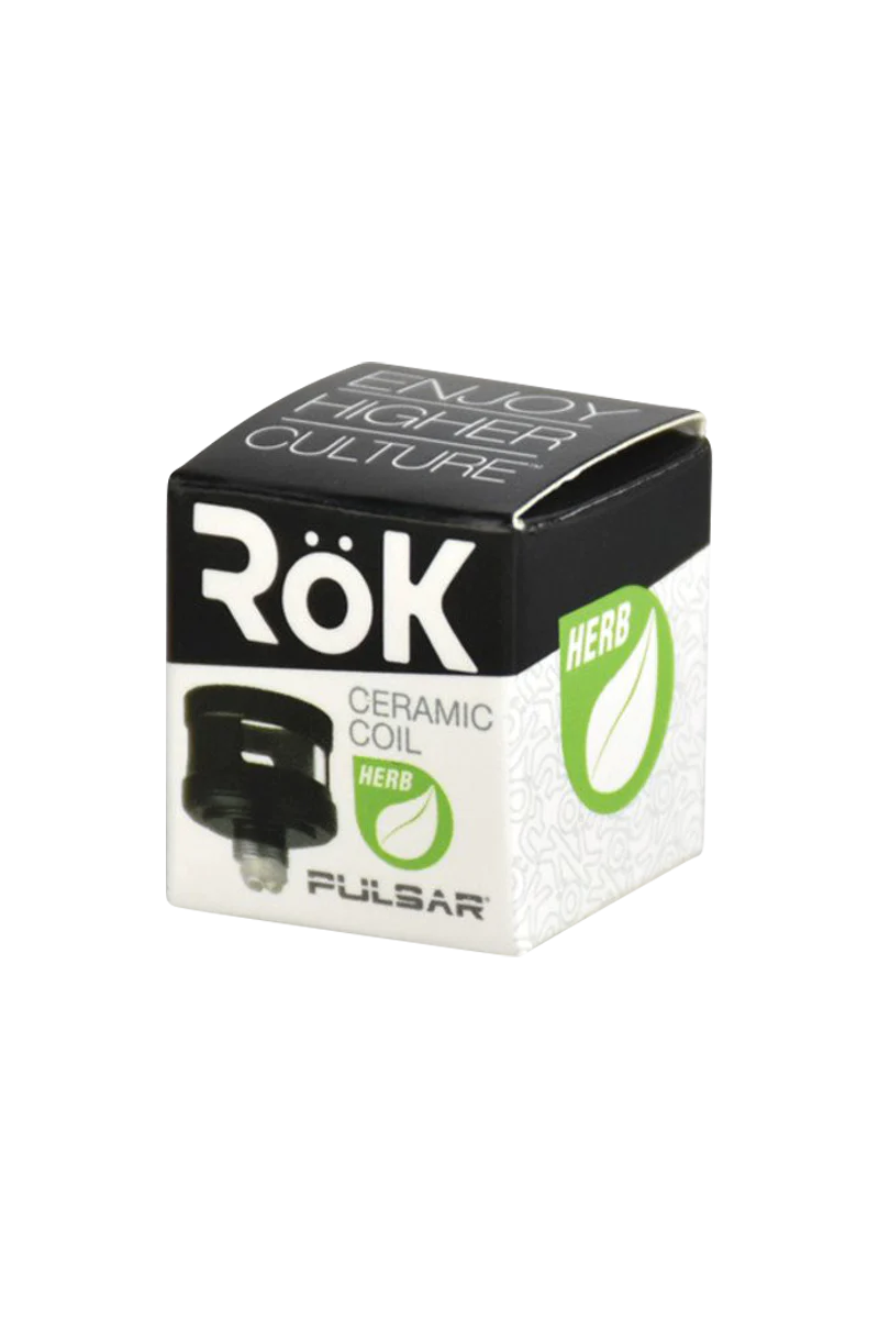 Pulsar RoK Replacement Ceramic Dry Herb Coils, 5 Pack, front box view with one coil visible