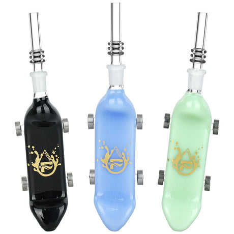 Pulsar Rolling Skateboard Dab Straws with Quartz Tips, in Black, Blue, and Green - Front View