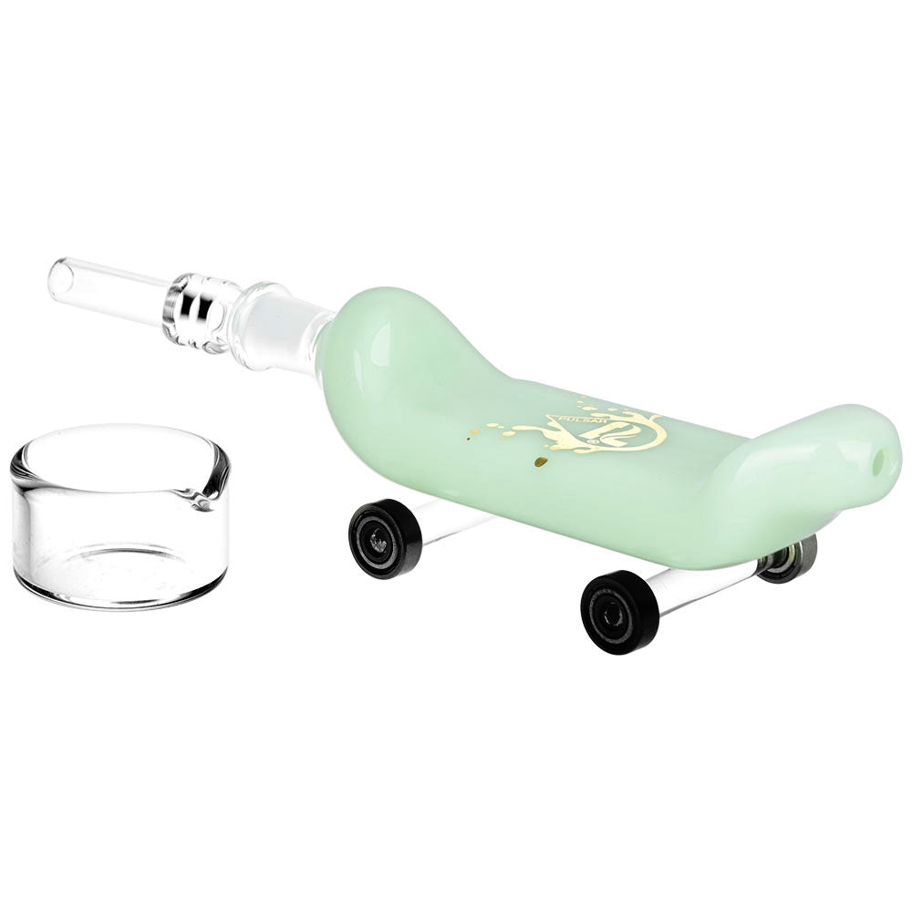 Pulsar Rolling Skateboard Dab Straw with Quartz Tip and Dish, Black Wheels - Side View
