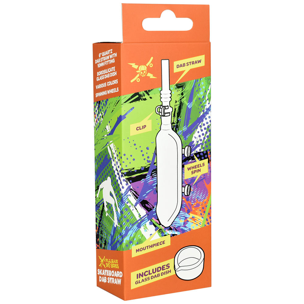 Pulsar Rolling Skateboard Dab Straw with Quartz Tip and Dish, vibrant packaging, front view