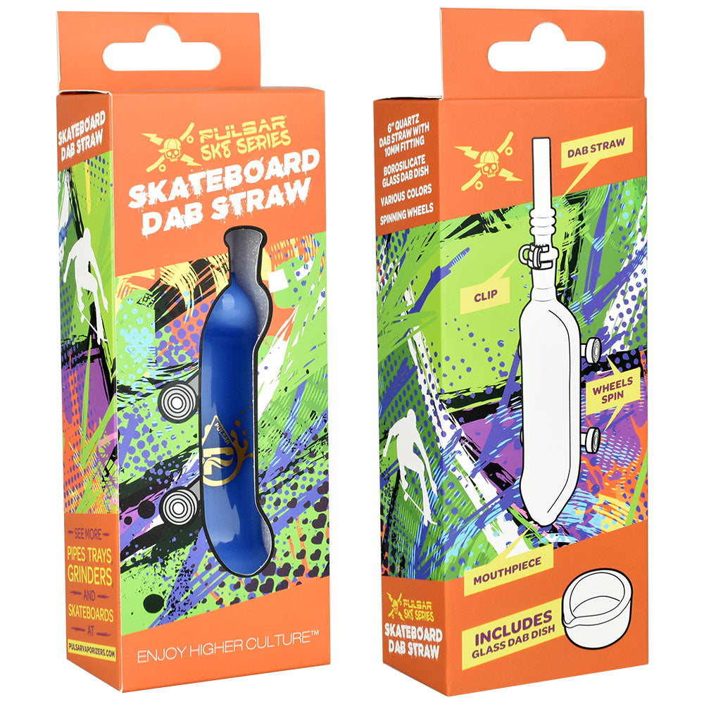 Pulsar Skateboard Dab Straw & Dish with Quartz Tip, displayed in vibrant packaging