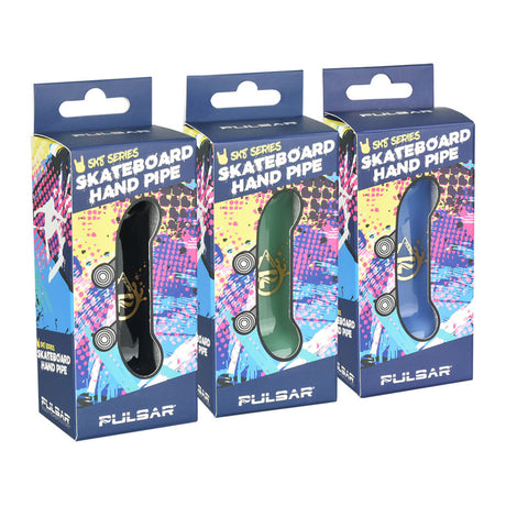 Pulsar Rolling Skateboard Glass Hand Pipes in Assorted Colors, Front View with Packaging