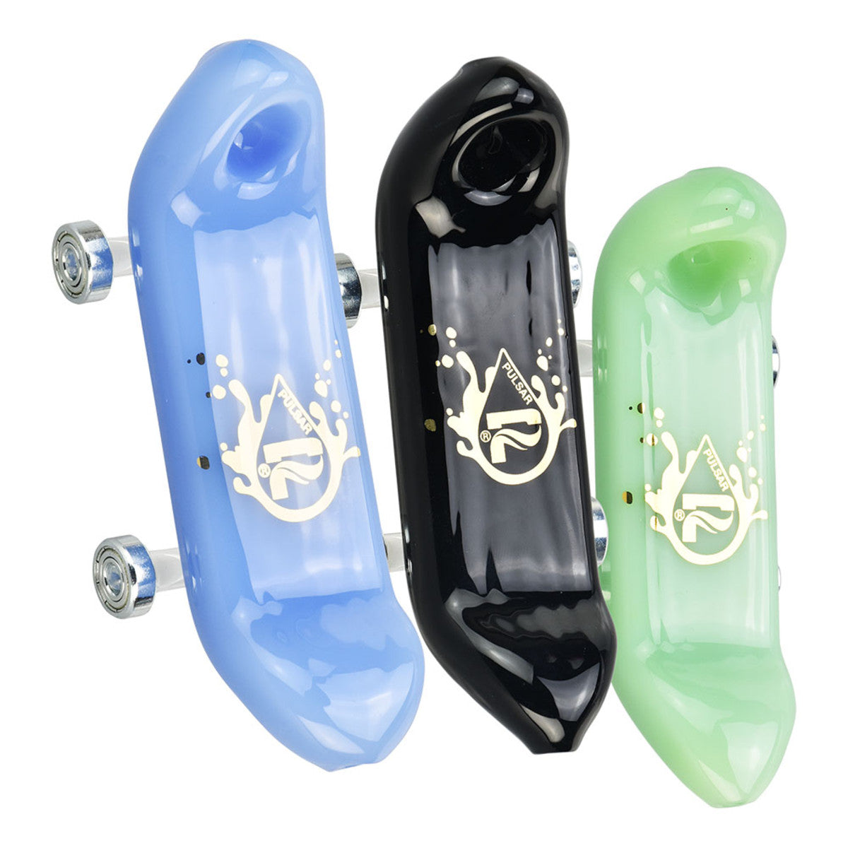 Pulsar Rolling Skateboard Hand Pipes in assorted colors with novelty design, top view