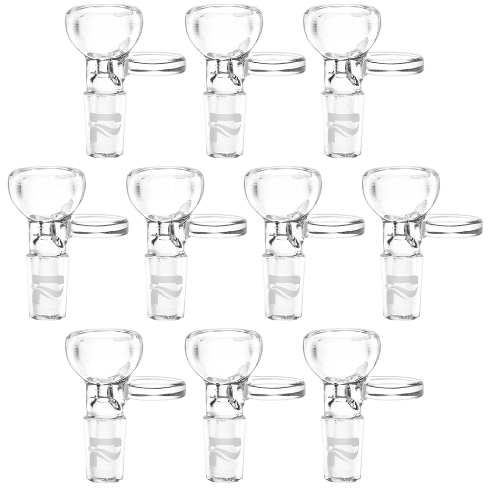 Pulsar Rounded Bowl 14mm male herb slide 10 pack in clear borosilicate glass with a tab handle
