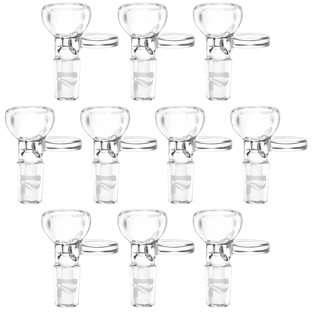 Pulsar Rounded Bowl 14mm male herb slide 10 pack in clear borosilicate glass with a tab handle