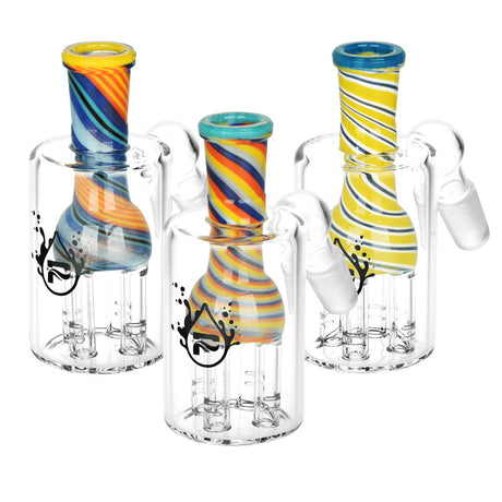 Pulsar Serene Pillars Ash Catcher trio with colorful designs, 14mm 45-degree joint, and tree percolator