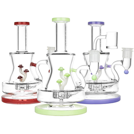 Pulsar Shadow Lurking Shrooms Dab Rigs in various colors with bangers, front view, on white background