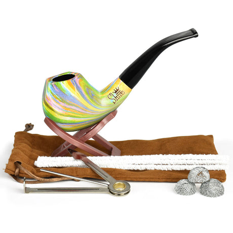 Pulsar Shire Pipes Bent Brandy Rainbow Tobacco Pipe displayed with accessories on a white background