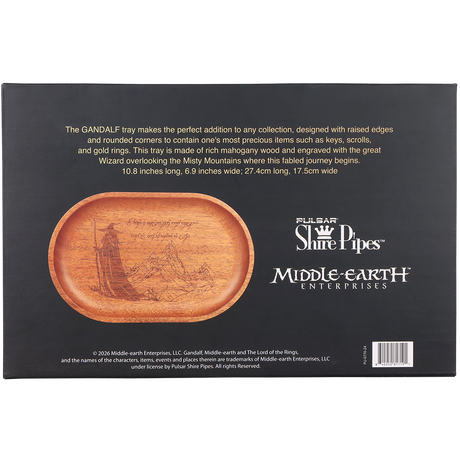 Pulsar Shire x LoTR mahogany tray in the Gandalf design with engraved mountain silhouette artwork