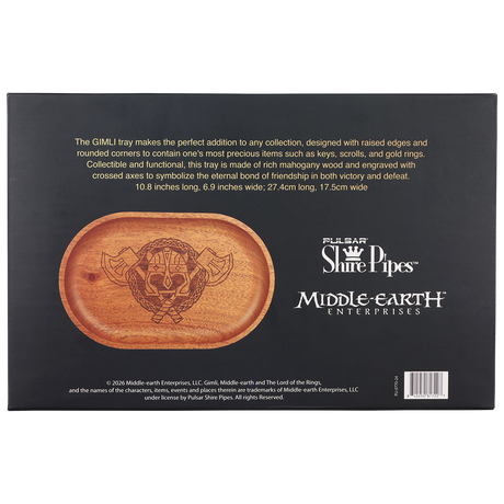 Pulsar Shire x LoTR wood rolling tray packaged in a collector's edition gift box, Gimli or Gandalf