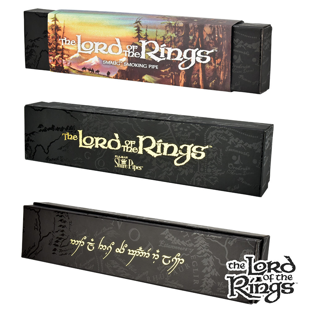 Pulsar Shire Pipes SMAUG™ Smoking Pipe in branded Lord of the Rings boxes, front and side views