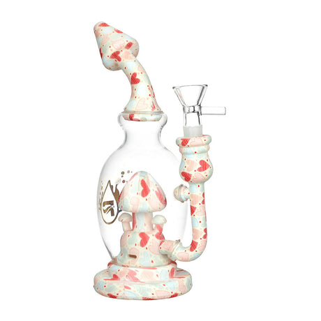 Pulsar Shroom Celebration Glass Water Pipe, 8" Tall, 14mm Female, Clear with Mushroom Accents, Front View