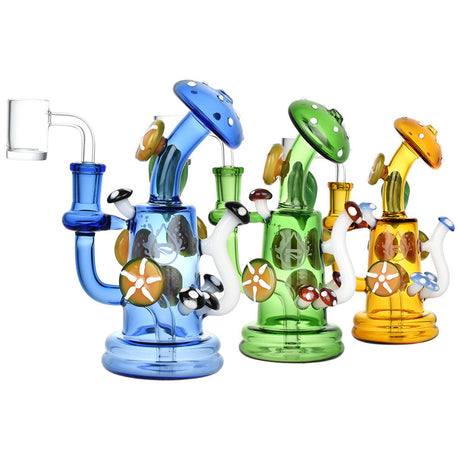 Pulsar Shroom Crazy Dab Rig collection, 6.75" tall, with colorful mushroom designs, front view.