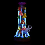 Pulsar Shroom Forest Beaker Water Pipe, 10.25" tall, with colorful mushroom design, front view on black background