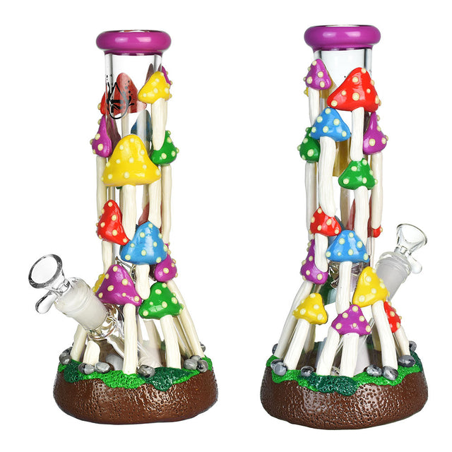 Pulsar Shroom Forest Beaker Water Pipe, 10.25" tall, with colorful mushroom design and clear glass