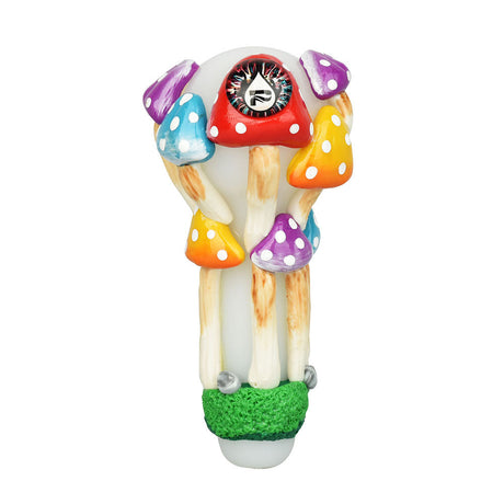 Pulsar Shroom Forest Spoon Pipe with colorful mushroom design, made of borosilicate glass, front view