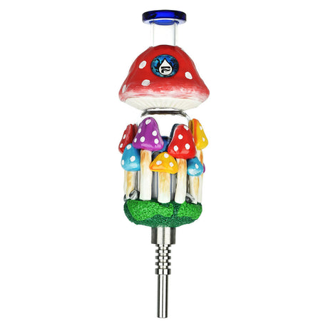 Pulsar Shroom Forest Vapor Vessel with Titanium Tip, featuring colorful mushroom design, front view on white background