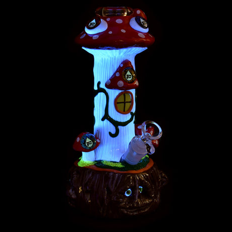 Pulsar Shroom House Beaker Water Pipe glowing, 10.25" tall, UV reactive design, front view
