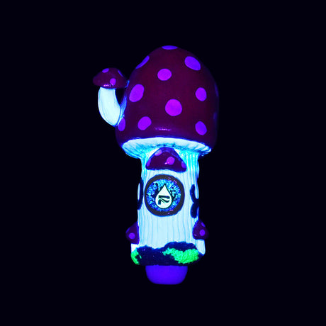 Pulsar Shroom House Spoon Pipe with vibrant mushroom design, made of borosilicate glass, front view on black