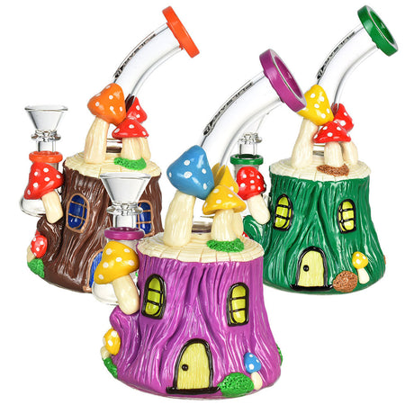 Pulsar Shroom Shack Water Pipes with colorful mushroom designs, 6.75" tall, on white background