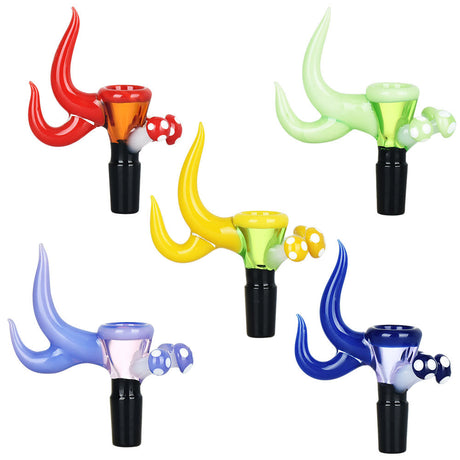 Pulsar Shroom Spur Herb Slide 5-piece set in assorted colors, 14mm male joint, borosilicate glass