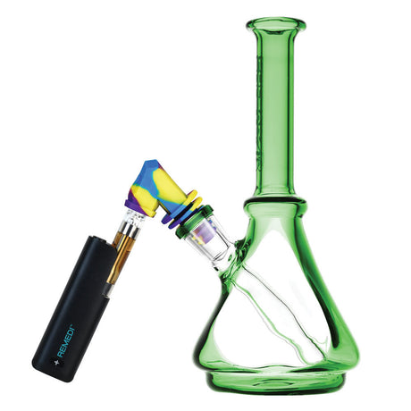 Pulsar Silicone Cart Rig Adapter in assorted colors attached to green glass bong, side view