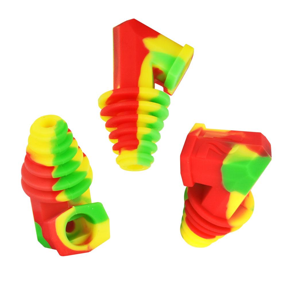 Pulsar Silicone Cart Rig Adapters in red, yellow, and green, shown from various angles