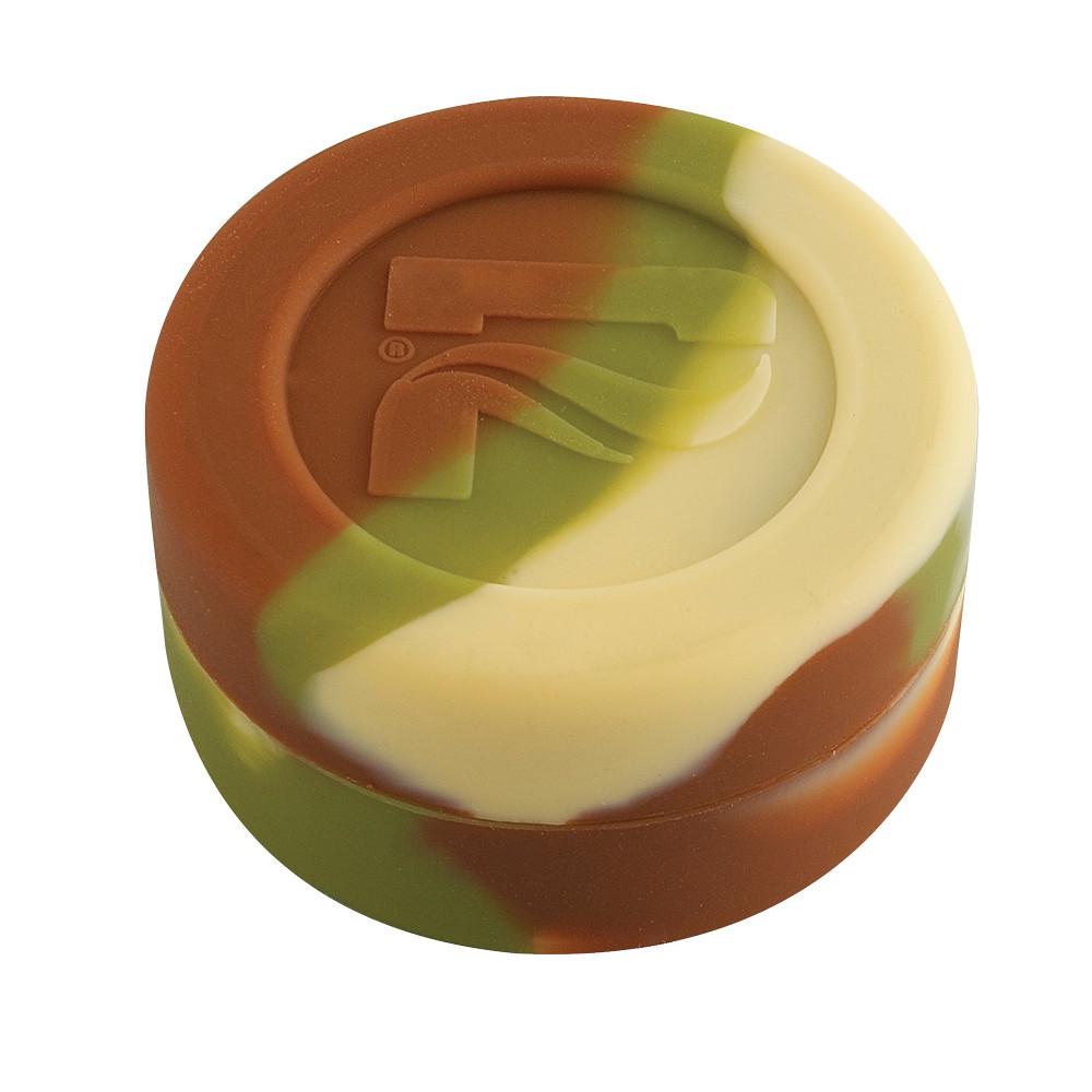 Pulsar Silicone Dab Container in swirls of brown and green, 7 mL capacity, top view on white background