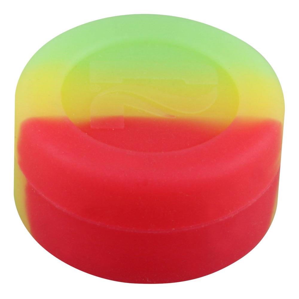 Pulsar Silicone Dab Container in Rasta colors, 7mL capacity, top view on white background