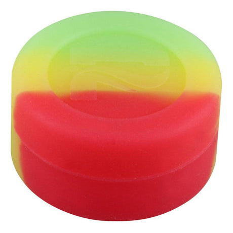 Pulsar Silicone Dab Container in Rasta colors, 7mL capacity, top view on white background