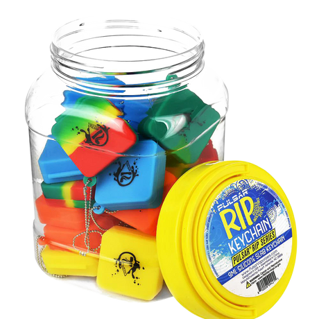 Assorted Pulsar Silicone Dab Slab Containers in a clear jar, compact and portable, 9mL size