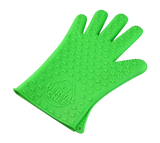Pulsar Silicone Hot Glove in bright green with embossed cannabis leaves, front view on white background