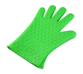 Pulsar Silicone Hot Glove in bright green with embossed cannabis leaves, front view on white background